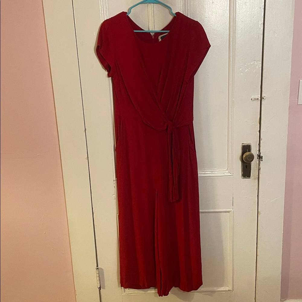 Maeve by Anthropologie Red Crepe Cropped Wide Leg Jumpsuit